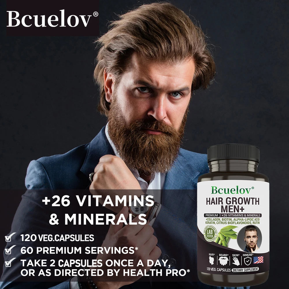Bcuelov Men's Hair Care Supplement - 26 Mineral Vitamins - Healthy Hair, Beard, Skin, Nails - 120 Capsules