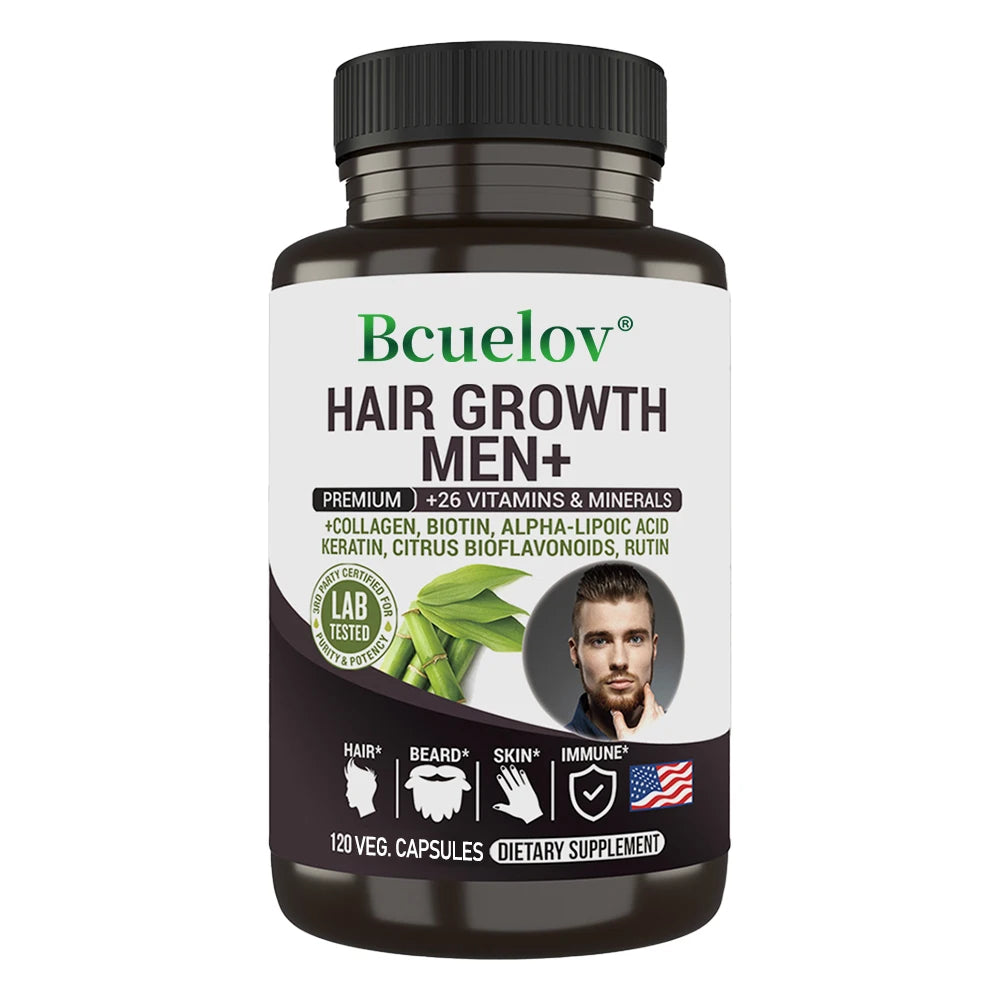 Bcuelov Men's Hair Care Supplement - 26 Mineral Vitamins - Healthy Hair, Beard, Skin, Nails - 120 Capsules