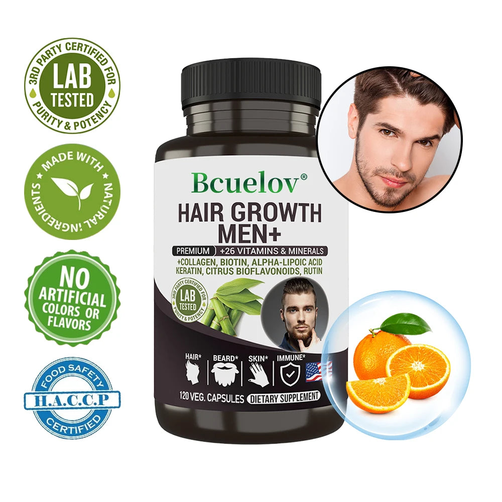 Bcuelov Men's Hair Care Supplement - 26 Mineral Vitamins - Healthy Hair, Beard, Skin, Nails - 120 Capsules