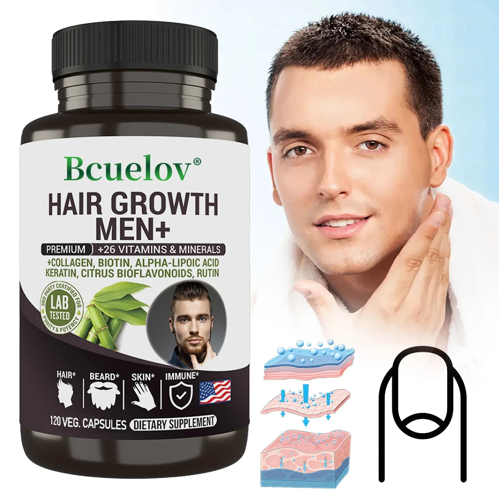 Bcuelov Men's Hair Care Supplement - 26 Mineral Vitamins - Healthy Hair, Beard, Skin, Nails - 120 Capsules