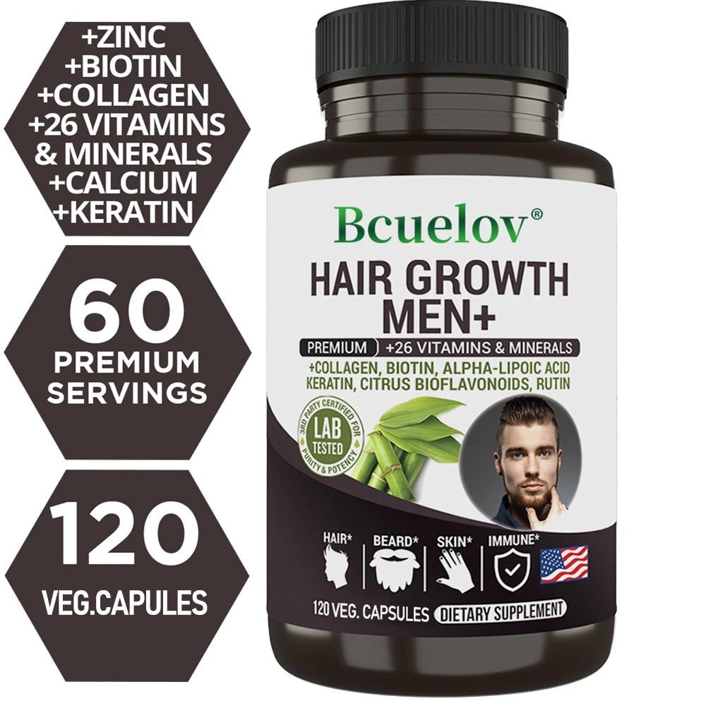 Bcuelov Men's Hair Care Supplement - 26 Mineral Vitamins - Healthy Hair, Beard, Skin, Nails - 120 Capsules